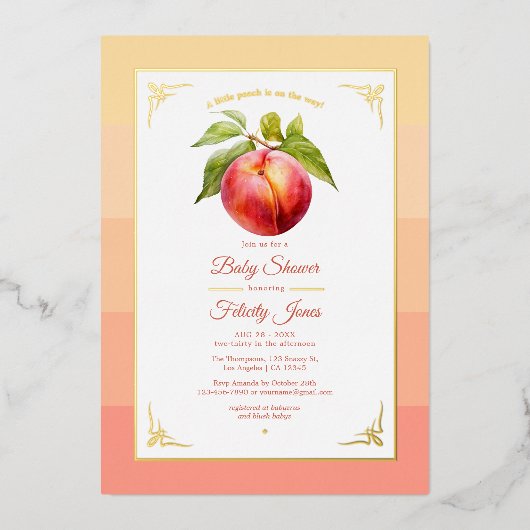 Peach Fuzz and Gold Foil Babydusche Folieneinladung (Vorderseite)