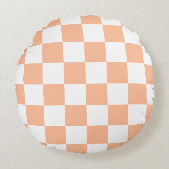 Peach Fuzz Checkered Gingham Pattern Rundes Kissen (Vorderseite)