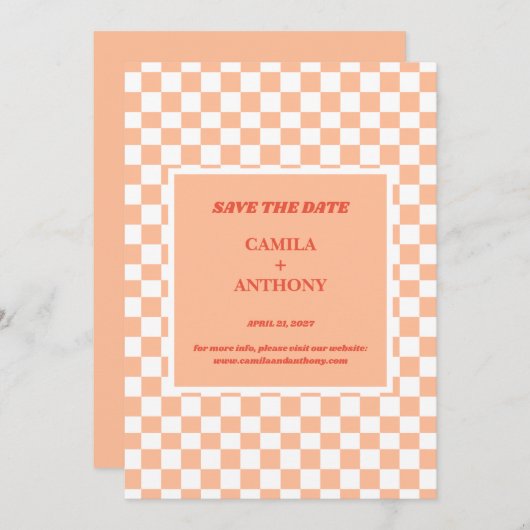 Peach Fuzz Checkered Gingham Pattern Save The Date (Vorne/Hinten)