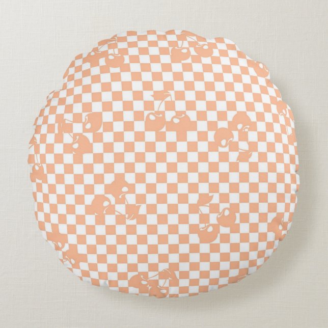 Peach Fuzz Cherry Gingham Pattern Rundes Kissen (Vorderseite)