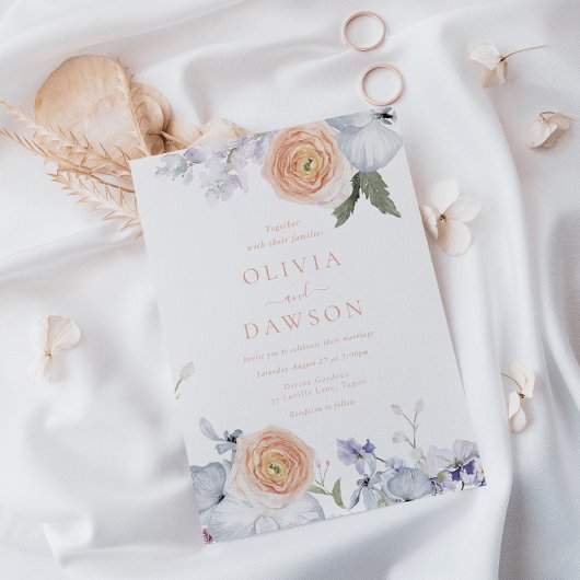 Peach Fuzz Dusty Blue Moderne Elegante Hochzeit Einladung