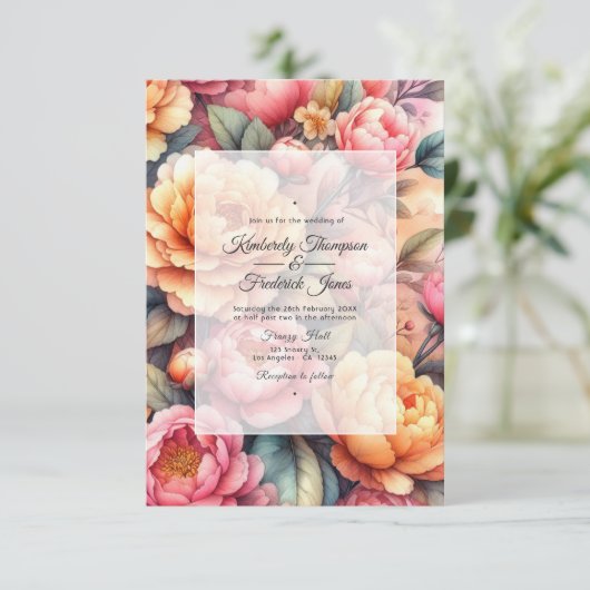 Peach Fuzz Floral Wedding Einladung (Stehend Vorderseite)