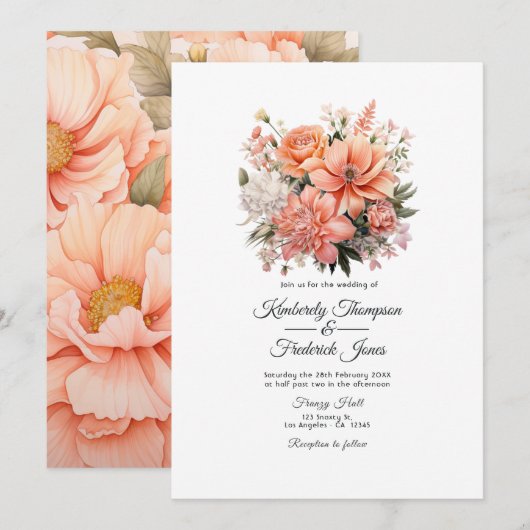 Peach Fuzz Floral Wedding Einladung (Vorne/Hinten)