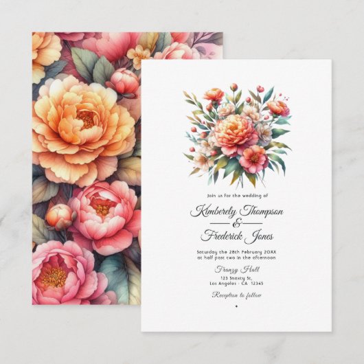 Peach Fuzz Floral Wedding Einladung (Vorne/Hinten)