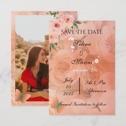 Peach Fuzz Floral Wedding Save the Date (Vorne/Hinten)