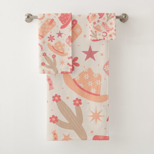 Peach Fuzz Groovy Cowgirl Stiefel and Hats Muster Badhandtuch Set (Insitu)