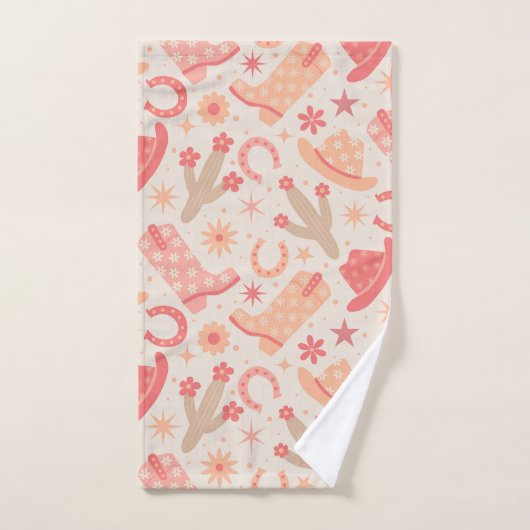 Peach Fuzz Groovy Cowgirl Stiefel and Hats Muster Badhandtuch Set (Handtuch)