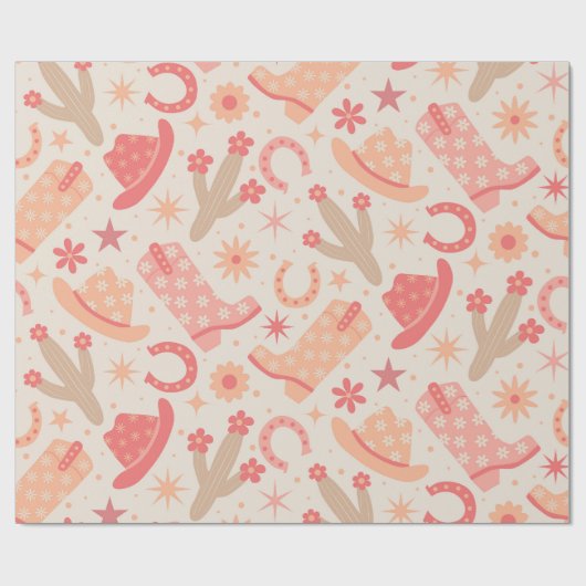 Peach Fuzz Groovy Cowgirl Stiefel und Hüte Geschenkpapier (Flach)