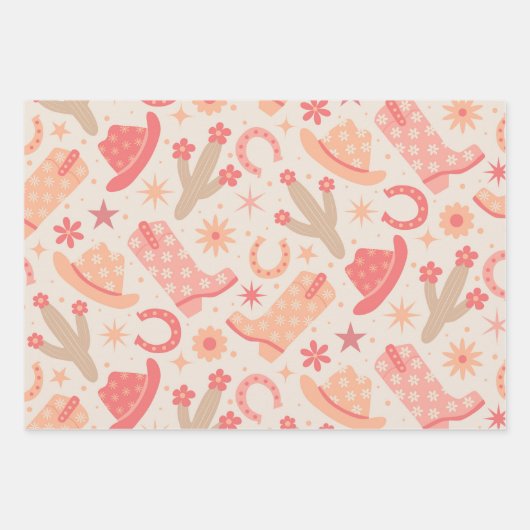 Peach Fuzz Groovy Cowgirl Stiefel und Hüte Geschenkpapier Set (Vorderseite 3)
