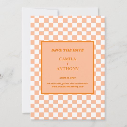 Peach Fuzz Orange Checkered Gingham Pattern Save The Date (Vorderseite)