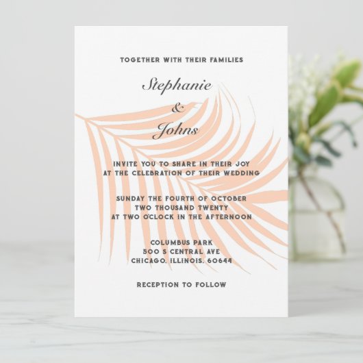 Peach Fuzz Palm Tree Tropical Leaf klassische Hoch Einladung (Stehend Vorderseite)