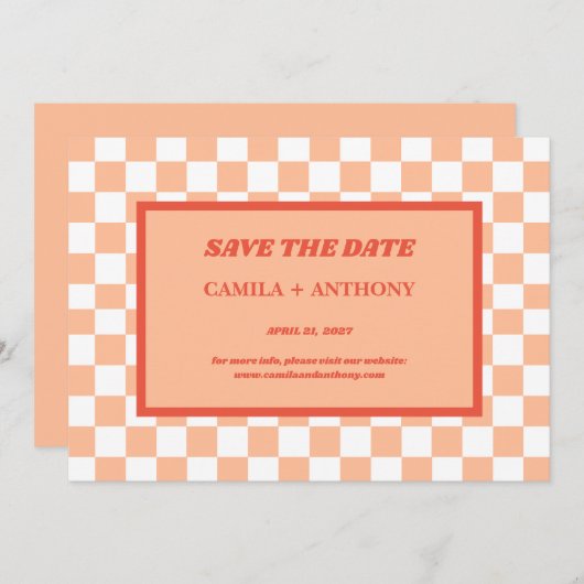 Peach Fuzz Red Checkered Gingham Pattern Save The Date (Vorne/Hinten)