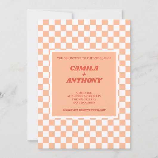 Peach Fuzz Red Checkered Gingham Pattern Wedding Einladung (Vorderseite)