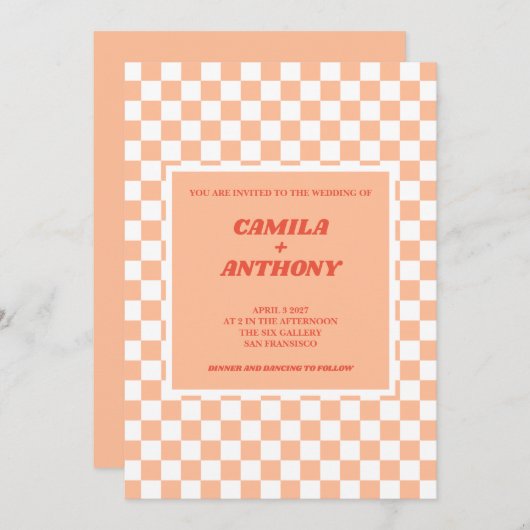 Peach Fuzz Red Checkered Gingham Pattern Wedding Einladung (Vorne/Hinten)