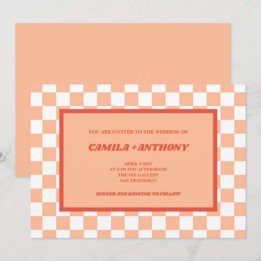 Peach Fuzz Red Checkered Gingham Pattern Wedding Einladung (Vorne/Hinten)