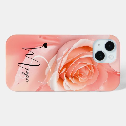 Peach Fuzz Rose Background Monogram Name Heart Case-Mate iPhone Hülle (Rückseite (Horizontal))