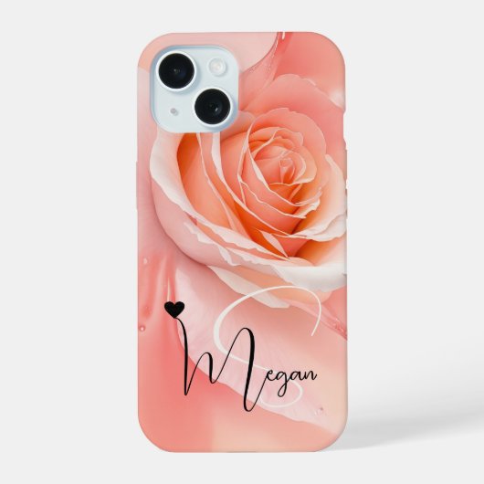 Peach Fuzz Rose Background Monogram Name Heart iPhone 15 Hülle (Rückseite)