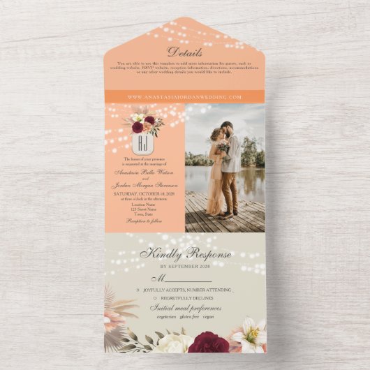 Peach Fuzz Rustic String Lights Wedding All In One Einladung (Innen Boden)