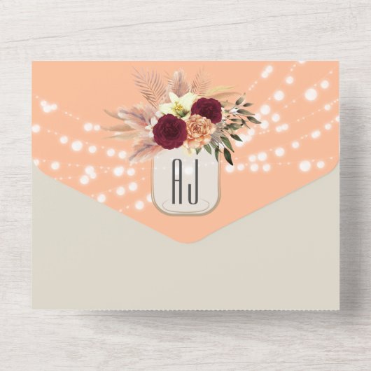 Peach Fuzz Rustic String Lights Wedding All In One Einladung (Rückseite)