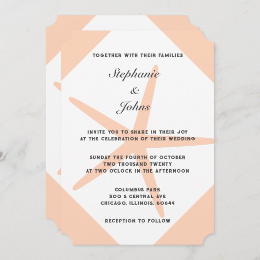 Peach Fuzz Starfish Tropical Coral Beach Hochzeit Einladung (Vorne/Hinten)