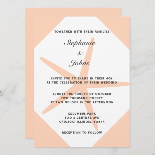 Peach Fuzz Starfish Tropical Elegant Beach Hochzei Einladung (Vorne/Hinten)