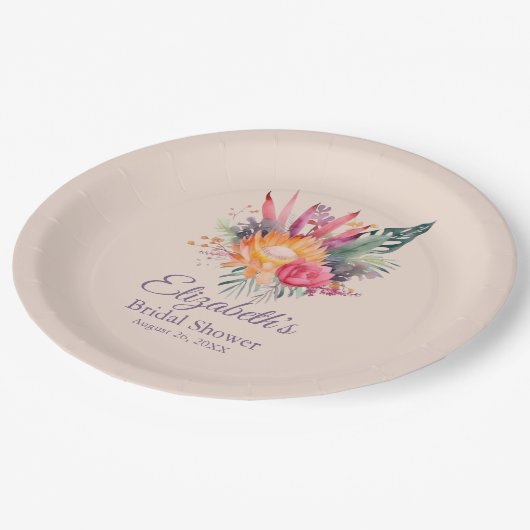 Peach Fuzz Tropical Blume Brautparty Pappteller (Schrägansicht)