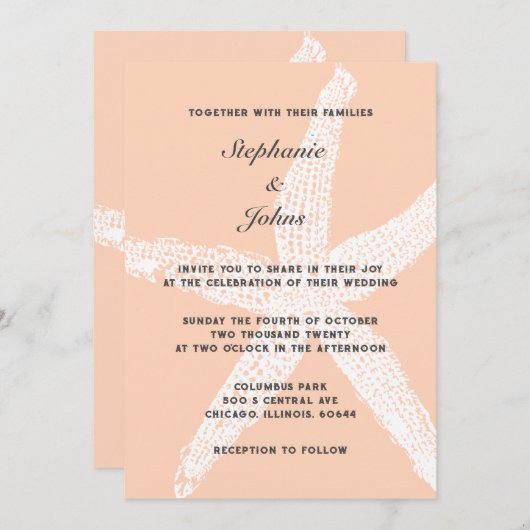 Peach Fuzz Tropical Large Starfish Beach Hochzeit Einladung (Vorne/Hinten)