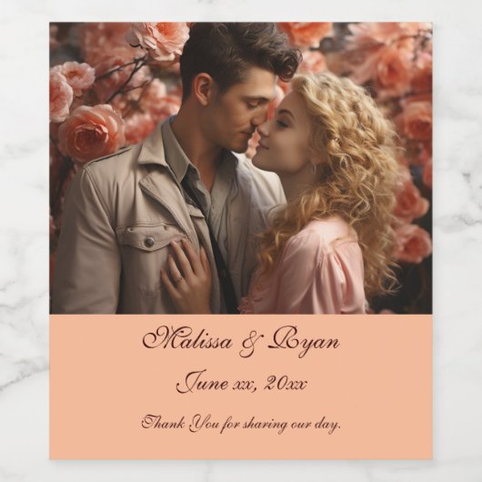 Peach Fuzz Wedding Wine Label Fügen Sie Ihr Foto h Weinetikett (Einzelnes Label)