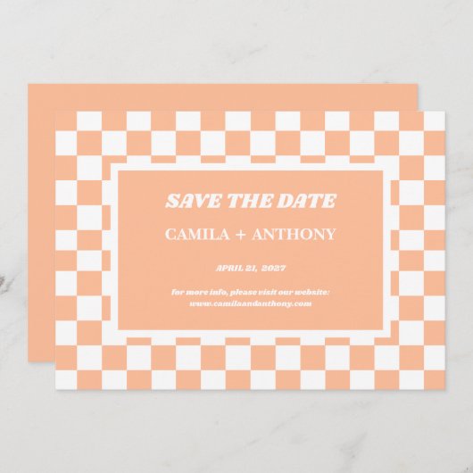 Peach Fuzz White Checkered Gingham Pattern Save The Date (Vorne/Hinten)