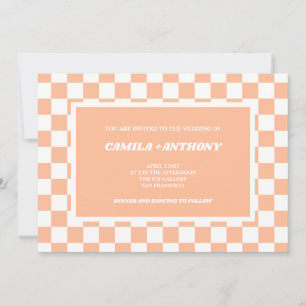 Peach Fuzz White Checkered Gingham Pattern Wedding Einladung