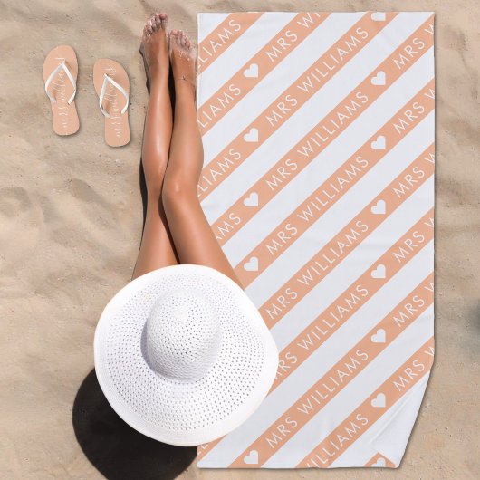 Peach Fuzz White Striped Muster Mrs Bride Wedding Strandtuch