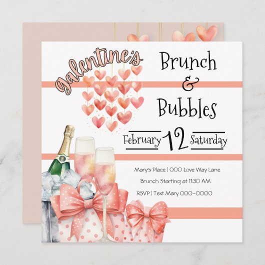 Peach Galentine's Brunch and Bubbles Einladung (Vorne/Hinten)