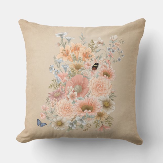 Peach Garden Bouquet auf Tan Shaded Throw Kissen (Vorderseite)