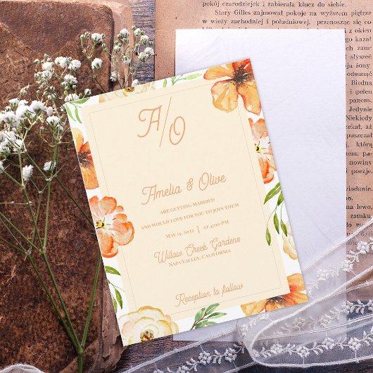 Peach Garden Meadow Floral Monogram Wedding Invite Postkarte
