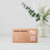 Peach geometric mesh pattern QR code Monogram Visitenkarte (Stehend Vorderseite)