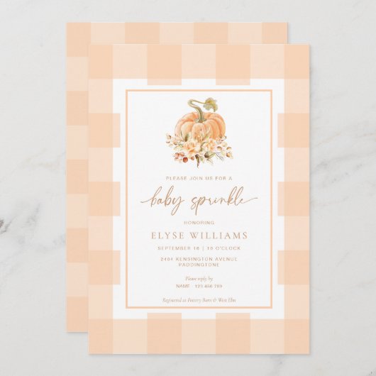 Peach Gingham A Little Pumpkin Baby Sprinkle Einladung (Vorne/Hinten)