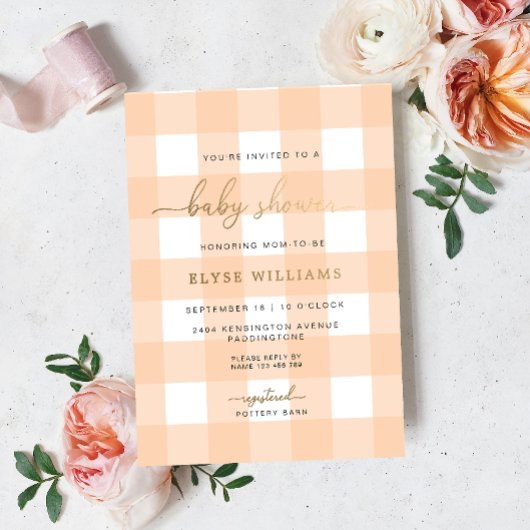 Peach Gingham Baby Shower Foil Einladung
