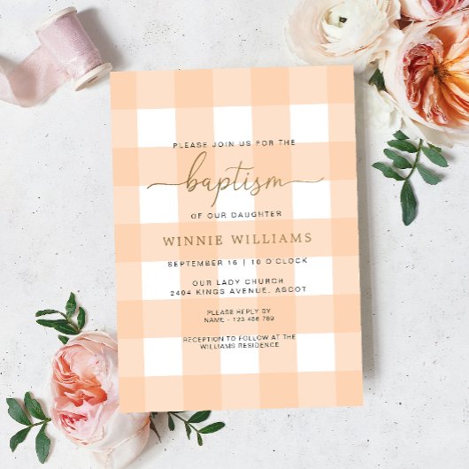 Peach Gingham Baptism Gold Foil Einladung