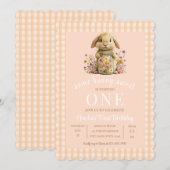 Peach Gingham Bunny 1st Birthday Invite Einladung (Vorne/Hinten)