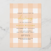 Peach Gingham Christening Foil Einladung