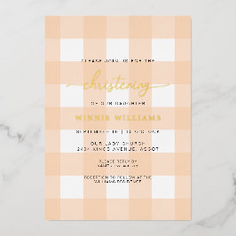 Peach Gingham Christening Foil Einladung