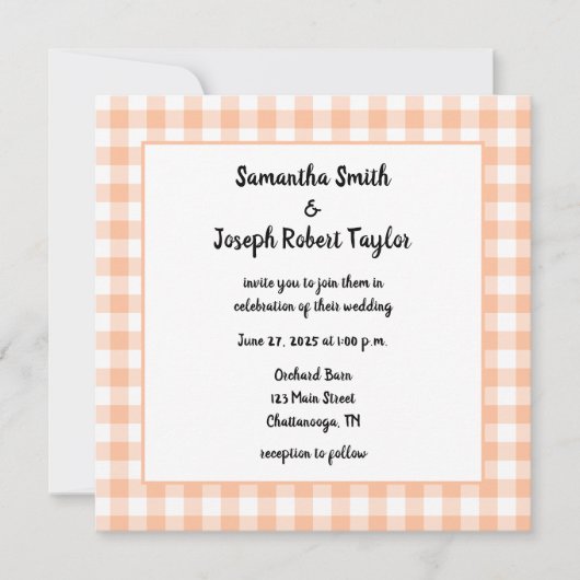 Peach Gingham Country Wedding Einladung (Vorderseite)