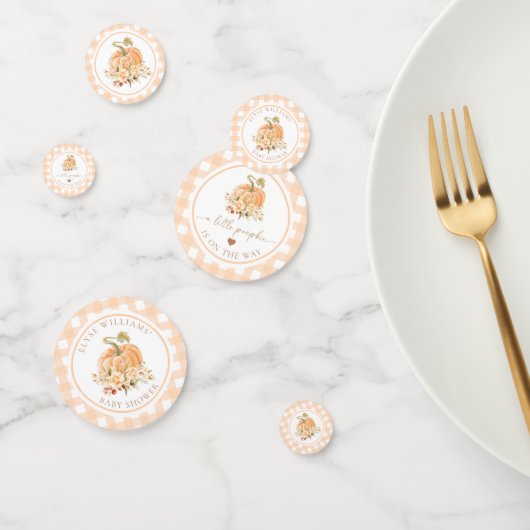 Peach Gingham Fall Ein kleiner Kürbis ist unterweg Konfetti (Gruppe)