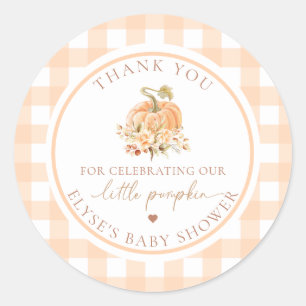 Peach Gingham Fall Unser kleiner Pumpkin Danke Runder Aufkleber