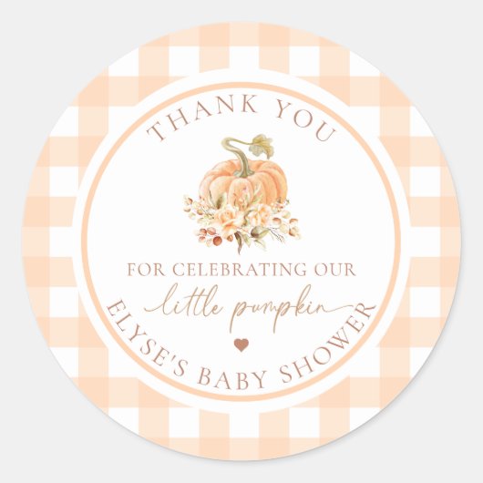Peach Gingham Fall Unser kleiner Pumpkin Danke Runder Aufkleber (Vorderseite)