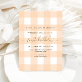 Peach Gingham First Birthday Gold Foil Einladung