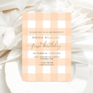 Peach Gingham First Birthday Gold Foil Einladung