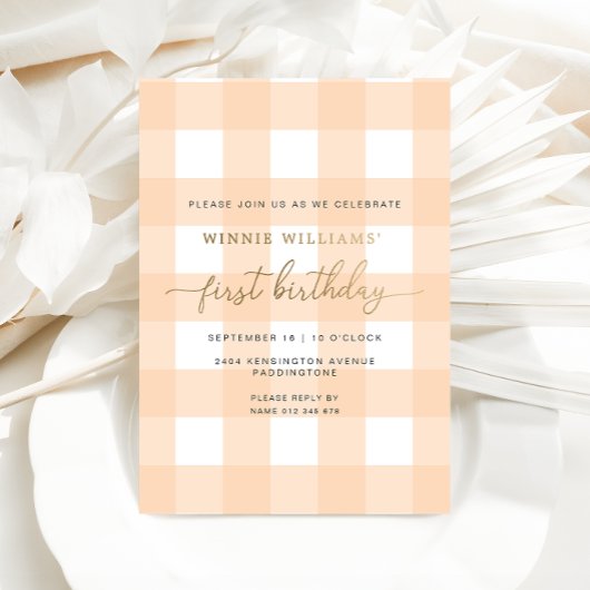 Peach Gingham First Birthday Gold Foil Einladung