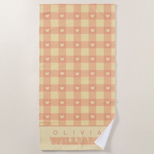 Peach Gingham Herzmuster, Niedlich Kawaii Checkere Strandtuch (Vorderseite)