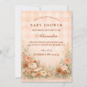 Peach Gingham Western Floral Baby Shower Einladung (Vorderseite)